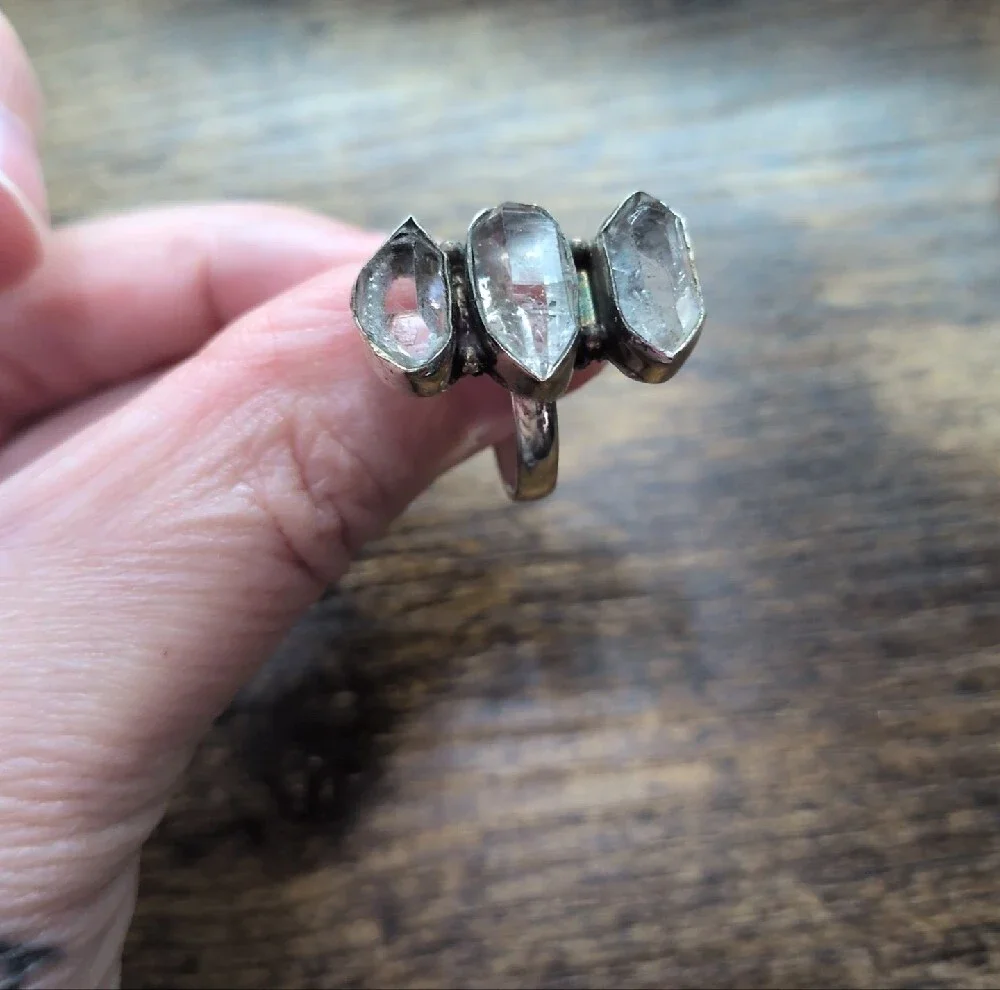 Sterling Silver Triple Raw Cut Herkimar Diamond Ring
